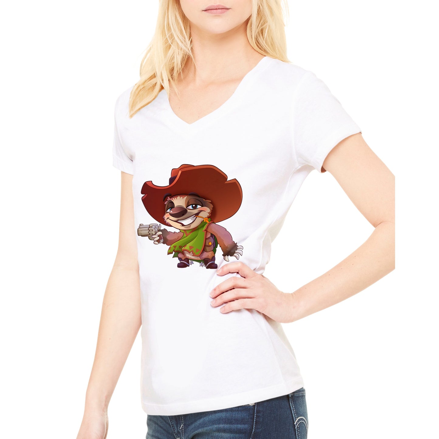 "Six-gun Sloth" Premium Womens V-Neck T-shirt